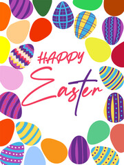 A framed poster with brightly colored Easter eggs. Banner, poster, or greeting card with the inscription.