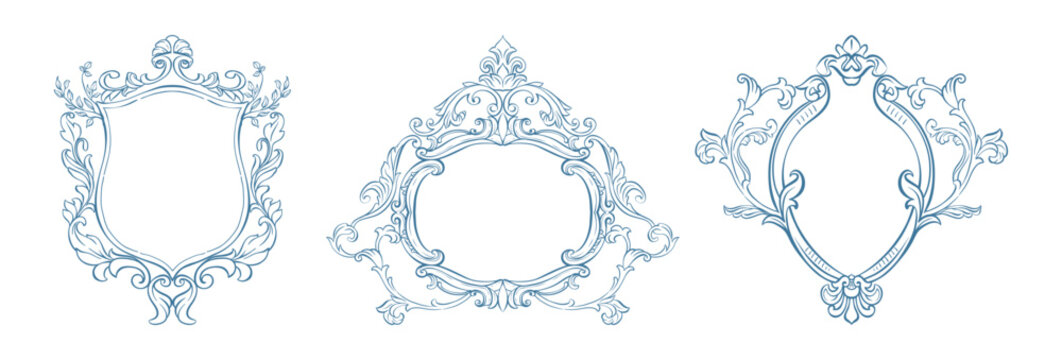 Vintage crest set. Classic Baroque Wedding crest and Monogram frames. Wedding frames with botanical leaf ornament. Hand drawn monogram for wedding invitations, cards, save the date. Luxury armorial.