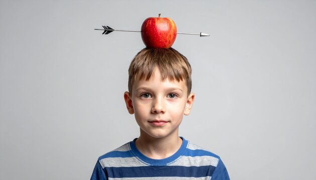 A boy with an apple pierced by an arrow on his head - a creative concept of balance and risk