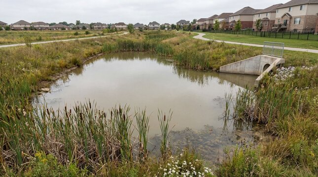 Overcast afternoon scene of a suburban retention pond, wetland plants, and walking trails