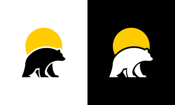 Simple bear logos walking towards the right with a yellow sun behind, displayed on contrasting white and black backgrounds, viewed from the side