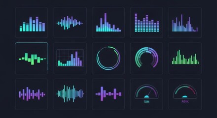 Digital Sound Waves and Audio Equalizer Spectrums. Music Visualization Interface Elements