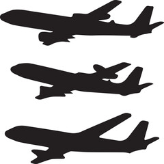 Flying Airplane Silhouette Set. Civil Aircraft Silhouette Vector.