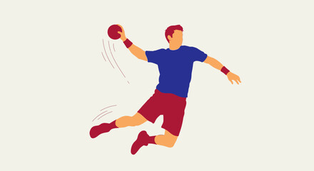 Obraz premium Energetic Male Handball Player Jumping to Throw Ball in Bright Studio