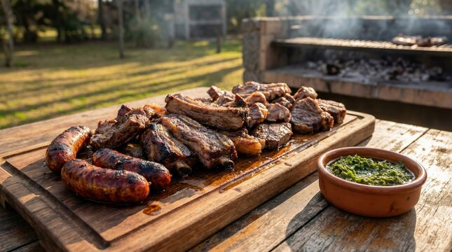 Asado with assorted grilled cuts and chorizo served with chimichurri on wooden board