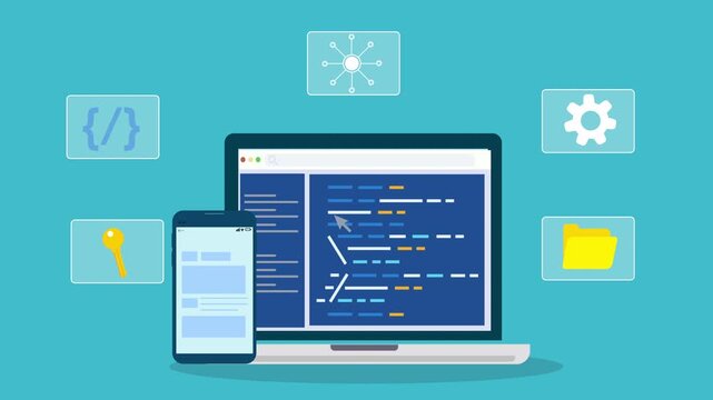 Modern software development workspace showing laptop with code editor, mobile interface preview, and floating system icons representing programming, security, and digital workflow.
