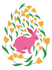 An Easter egg with a painted Easter bunny and floral designs. Kids egg games. He is risen, Happy Easter