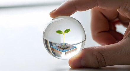 Hand holding glass ball crystal globe sprout plant computer chip technology sustainability growth nature concept