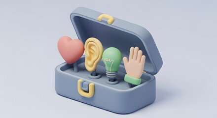 Toolbox heart ear light bulb hand concept gift box support help charity empathy art illustration 3d rendering