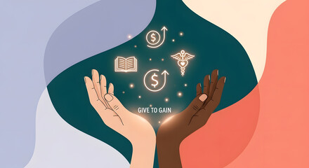 Hand holding light education book finance coin health icon growth concept success future community support art