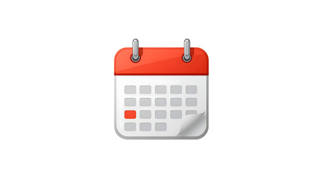Calendar icon with red header, date grid, and a curled page corner detail.
