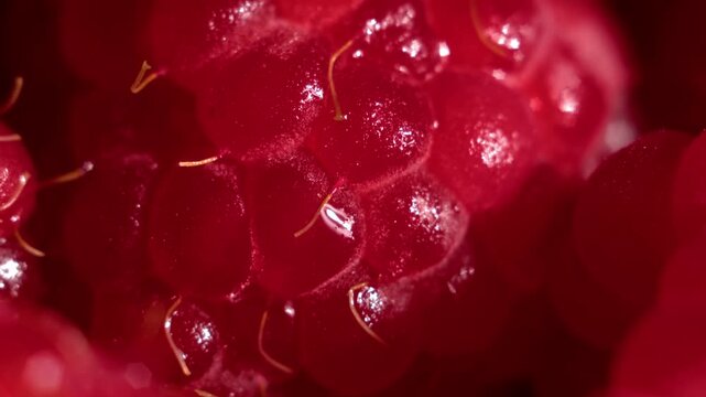 Smooth upward camera motion moves along ripe raspberry macro texture, sharpening focus and revealing glossy surface detail. The clean macro background works for food advertising and abstract design.