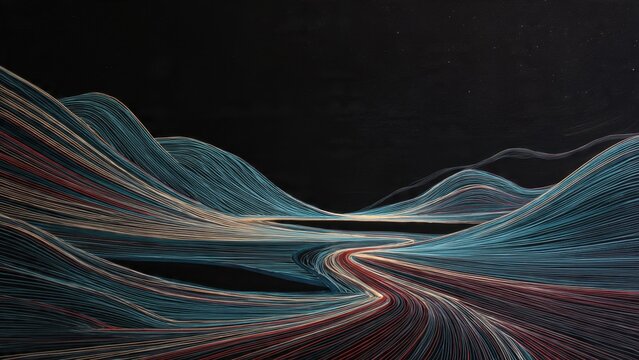 Abstract landscape with colorful lines under dark sky