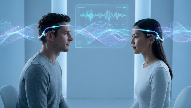 Futuristic telepathic communication between two people using brain-computer interface headsets, glowing neural waves concept.