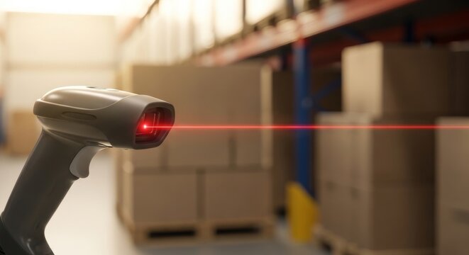 Barcode scanner reading package in warehouse logistics operation