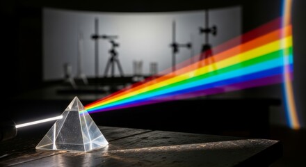 Obraz premium Glass prism refracting white light into a colorful spectrum in a dark science laboratory