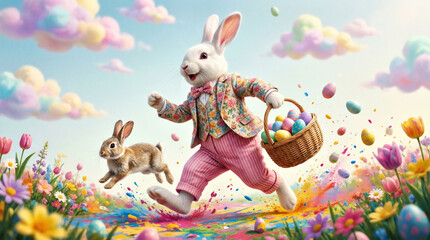 Joyful Bunny in Floral Suit with Easter Eggs and Flowers in Vibrant Spring Landscape