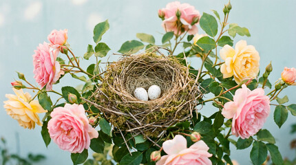Nest with Eggs Amidst Blooming Roses - Nature's Harmony and Spring Renewal