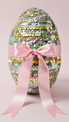 Sequin-Covered Easter Egg with Pink Ribbon on Soft Pink Background
