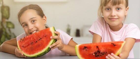 Two smiling girls are holding watermelon in their hands. Kids eat fruit indoor. Healthy snack for children. Kids enjoying watermelon. Happy childhood. Space for text
