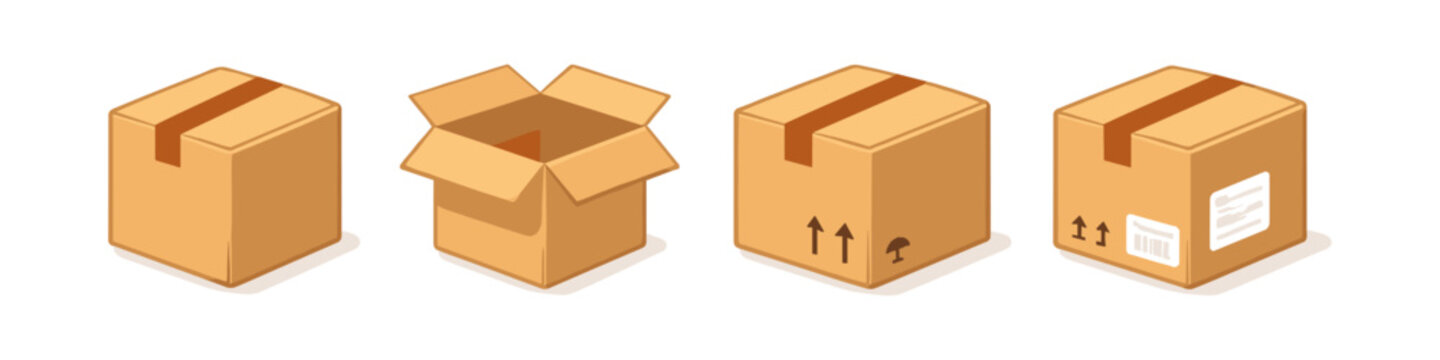 Set of four isometric cardboard boxes showing different states of packaging and shipping