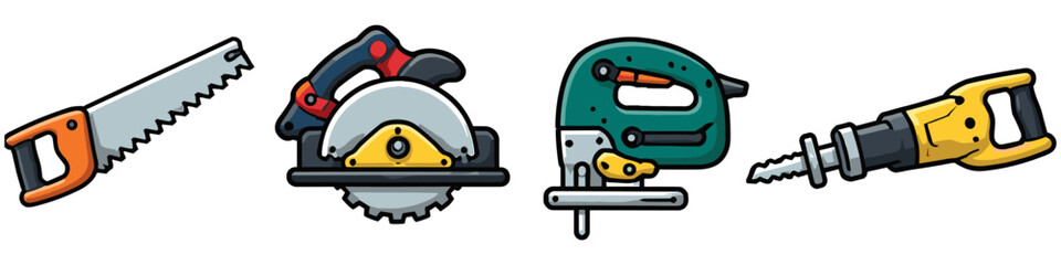 Collection of four cartoon-style power tools and hand saw for construction and DIY projects