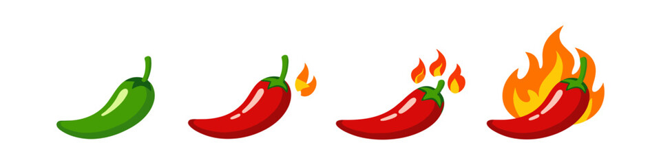 Progression of chili peppers from green to red with increasing levels of heat and flames