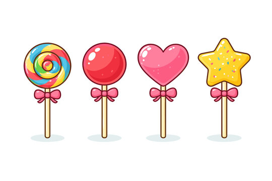Collection of four colorful and decorative lollipops on sticks with bows