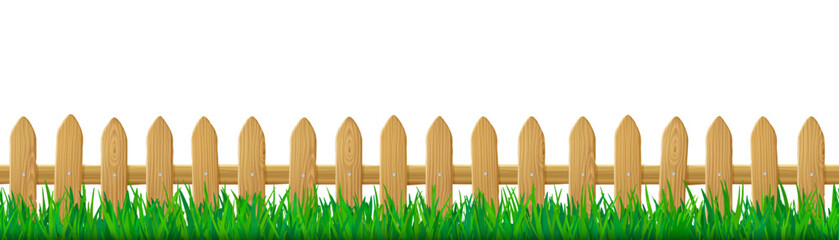 Fototapeta premium Wooden picket fence and green spring grass isolated on white background. Seamless border with boundary barrier for rustic house garden, park or farm and green lawn, vector illustration