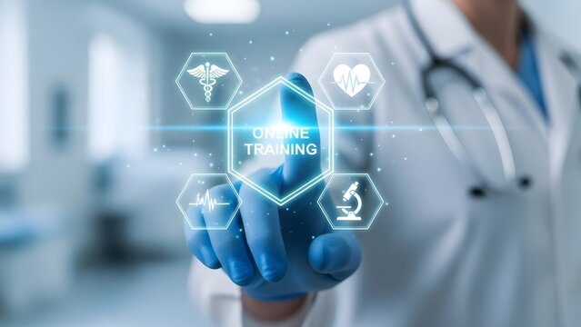 A doctor in a white coat interacting with online training modules in a medical setting.