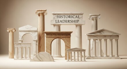Fototapeta premium Ancient greek architectural elements symbolizing historical leadership and legacy featuring marble columns pediments and arches under soft studio lighting with a warm neutral