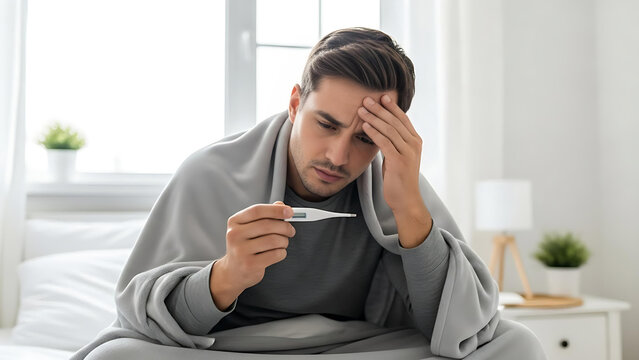 Worried Man Checking Thermometer While Feeling Sick in Bed