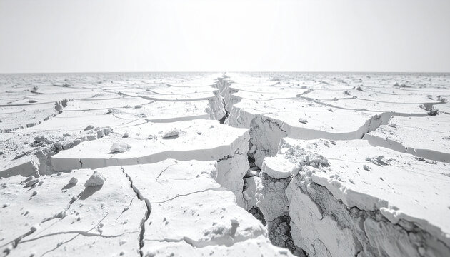 Low-angle perspective of white cracked terrain stretching to horizon, desolate landscape.