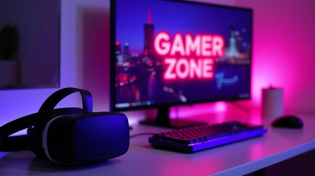 Gaming setup with computer, vr headset, keyboard and mouse on a desk 
