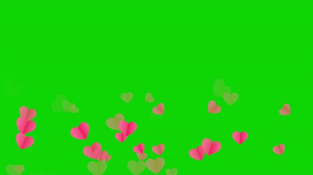 Falling red hearts love overlay video with additive transparency, seamless loop on green background
