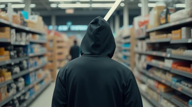 Cloaked individual amidst crowded grocery aisles. 
