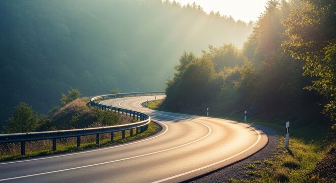 Winding asphalt road curves through a dense sun drenched forest on a misty morning with dramatic light rays illuminating the mountainous landscape and creating a sense