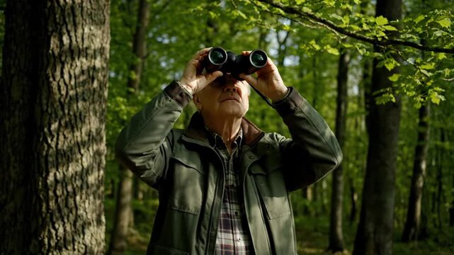 Senior Man Enjoys Birdwatching with Binoculars in Lush Green Forest