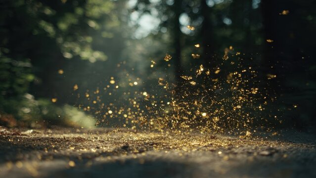 Golden dust particles floating in a forest