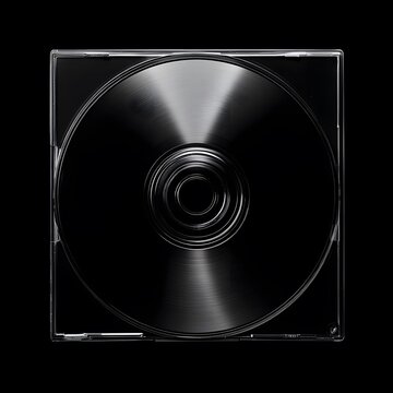 Minimalist transparent CD case with reflective compact disc isolated on black background studio lighting