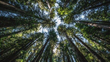Obraz premium Looking up at Redwood canopy in forest