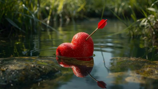 Romantic red heart with arrow floating on peaceful water, heartbreak valentine concept
