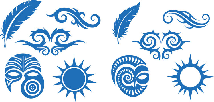 Collection of traditional tribal elements for decorative purposes, featuring feathers, swirls, and stylized suns