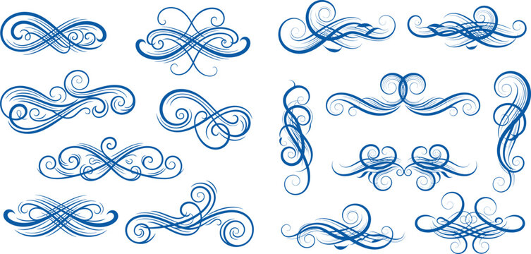 Elegant set of delicate blue calligraphic flourishes for wedding invitations and decorative borders