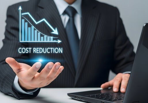 Businessman presenting cost reduction chart with laptop in office setting concept image view