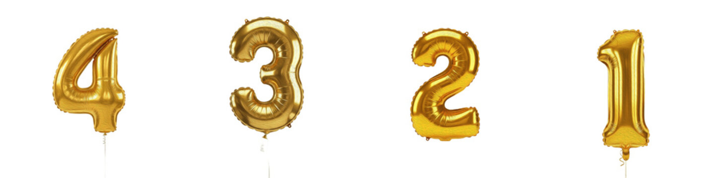 Premium Golden Foil Number Balloon Collection, Mylar Inflatable 4, 3, 2, and 1 Set, Luxury Birthday and New Year Anniversary Party Decoration Isolated on White Background PNG