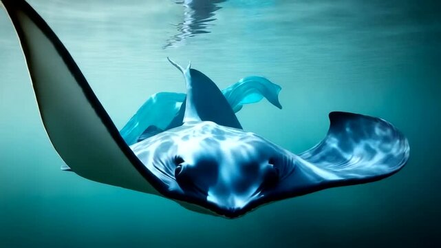 Manta Ray Swimming Underwater in Ocean.