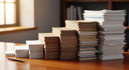 Stacks of paper on a desk, representing work and documents.
