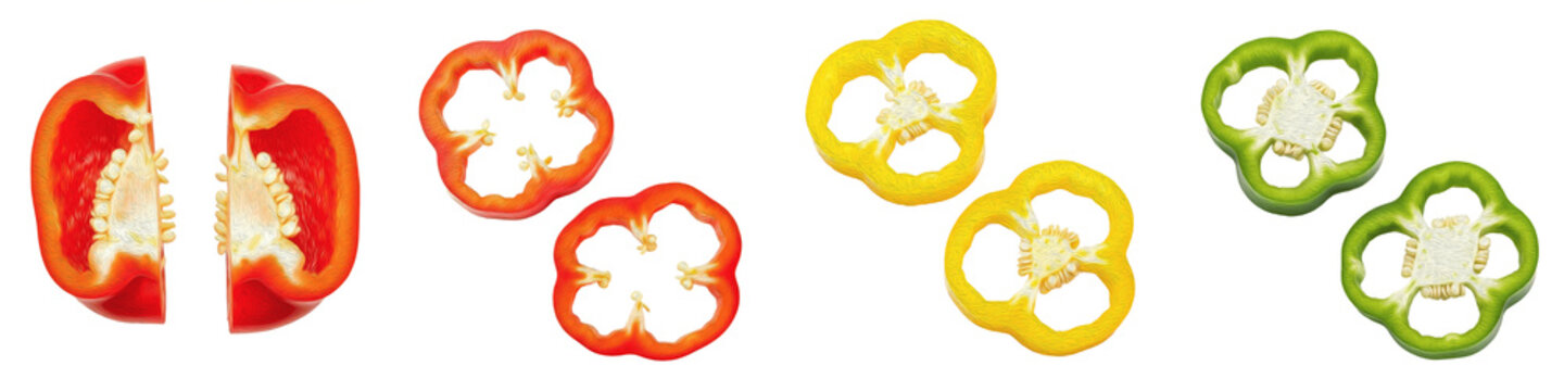 Set of Sliced Bell Pepper Rings, Fresh Organic Red Yellow and Green Capsicum Collection for Culinary Design, Isolated PNG on White
