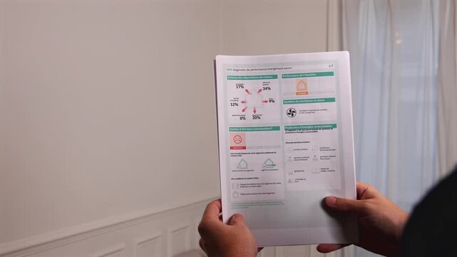Une personne en train de consulter le dossier de diagnostic de performance &eacute;nerg&eacute;tique (DPE) d'un bien immobilier.